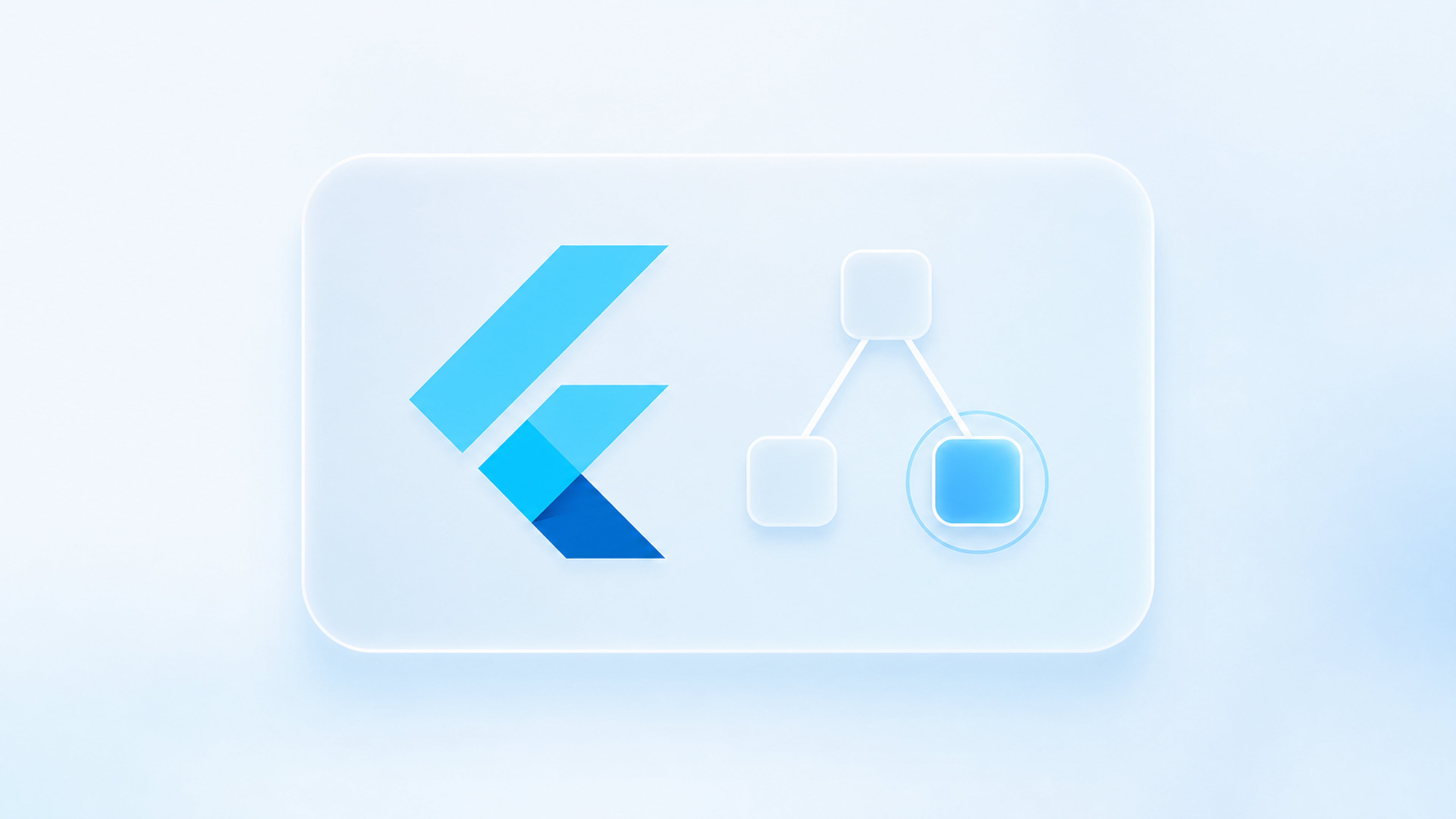 A Flutter mark beside a highlighted location in a minimal frosted widget tree
